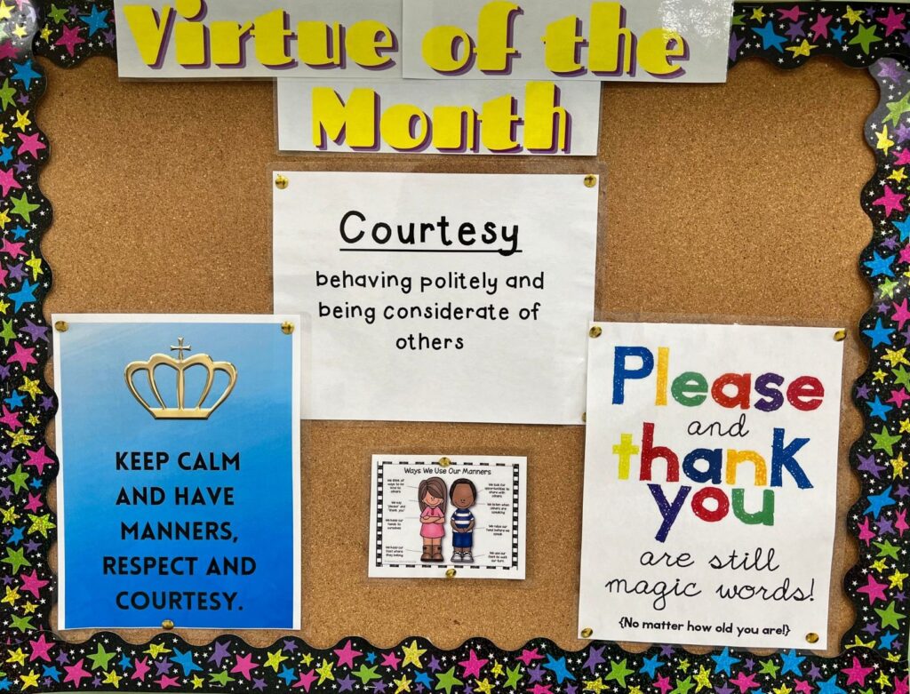 Virtue of the month board at school - Courtesy for April